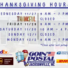 Please have a safe, happy, and blessed Thanksgiving this year. This week on Wednesday, Friday, and Saturday we will be closing after our last carrier pickup so our Shipping Associates can spend time with their families. God bless.