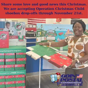 It is Shoebox season again! Goin’ Postal of Jacksonville is happy to support Operation Christmas Child for the 8th year in a row. We are now accepting shoebox drop-offs through November 21st. If you don’t have a shoebox to fill for a needy child, come pick one up from us!