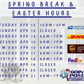 Spring and New Life is in the air. Please enjoy the season with your family and your church. We have some modified hours for the next few days, but if you have any questions at any time please give us a call. Remember- we are your local neighborhood shipping center offering the best shipping and mailing experience in the area (or anywhere really). Come to us for all your UPS, FedEx, USPS, DHL, Freight shipping; document shredding; electronics destruction; and more.