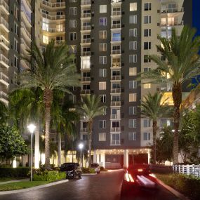 Colonnade at dusk at Camden Pier District apartments in St. Petersburg, Florida.