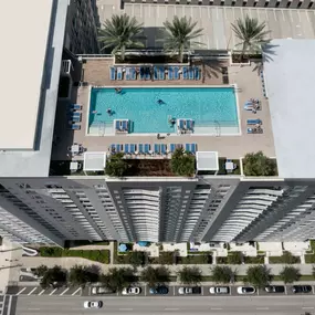 Aerial view of pool deck at Camden Pier District apartments in St. Petersburg, Florida.