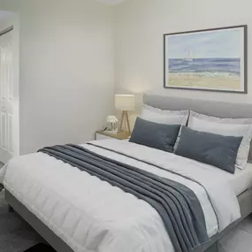 Bedroom with ensuite bath at Camden Pier District high-rise apartments in St. Petersburg, FL