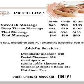 Quiet & Relaxing rooms with soothing music

Stop By for a Great Massage for a Great Price