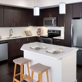 Beautiful open kitchen with stainless steel appliances, quartz countertops, tile backsplash, pull down spray faucet, espresso color cabinetry with brushed nickel hardware, and LED pendant lighting at Camden Boca Raton apartments in Boca Raton, Florida.