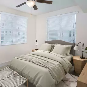 Bedroom with nice natural lighting and lighted LED ceiling fan at Camden Boca Raton apartments in Boca Raton, Florida.