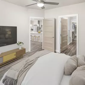 Bedroom with ensuite bath at Camden Washingtonian apartments in Gaithersburg, MD