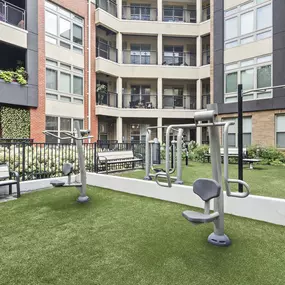 Outdoor fitness courtyard at Camden Washingtonian apartments in Gaithersburg, MD