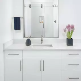 White contemporary apartment bathroom with walk-in shower at Camden Grandview in Charlotte, NC