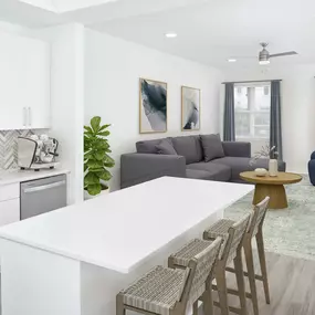 White contemporary apartment kitchen and living room with lots of natural light at Camden Grandview in Charlotte, NC