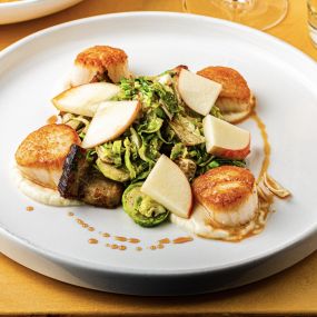 Fall 2022 Seared New England Scallops with Soy braised pork belly, roasted fennel, brussels sprouts, honey crisp apple, creamy celeriac, pine bud syrup