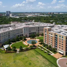 Aerial view of the community showing the terrace the gallery, the townhomes and the large dog park