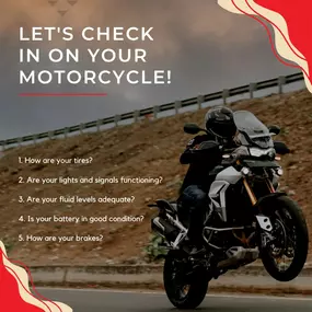 Today is National Motorcycle Day! Before hitting the road, make sure your motorcycle is ready to ride with this checklist. Regular inspections keep you safe and your bike running smoothly. Also, having the right insurance adds to your safety. Contact us for more information!