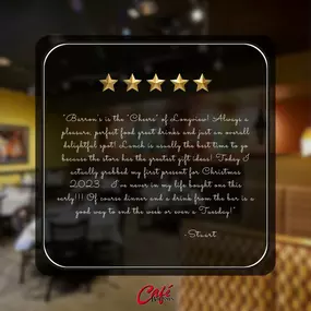 Your kind words warm our hearts, Stuart! Share your Cafe Barron's experience with a heartwarming review. We would love to hear about your Cafe Barron's experience as well! Make sure to leave us a review and share the love!