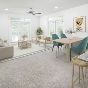 Living and dining area with a ceiling fan at Camden Monument Place apartments in Fairfax, VA