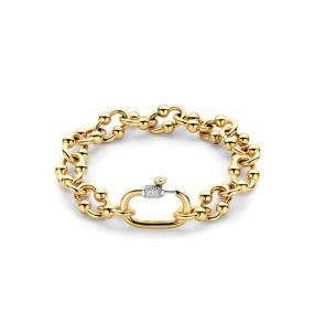 This medium-size TI SENTO chunky gold-plated link bracelet 23016SY flaunts a stream of signature links with gold-plated bubbles. Crafted from the highest quality 925 sterling silver, it is then plated with yellow gold. This reinvented vintage piece is a mesmerizing eye-catcher. TI SENTO bracelets are nickel-free and hypoallergenic.