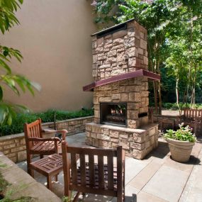 Outdoor gas fireplace and seating area