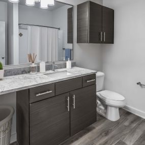 Modern garden apartment bathroom with single sink and bathtub shower combination