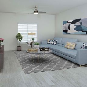 Modern garden apartment living room with hardwood style floors