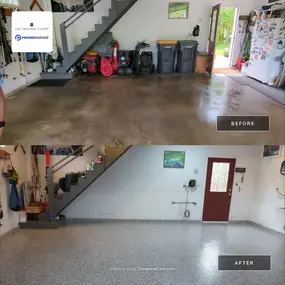 Garage Epoxy Floor Transformation – Before & After in Southern Maine  Check out this dramatic garage transformation! We took this stained, cracked concrete floor and gave it new life with a professional-grade epoxy floor coating from PremierGarage of Southern Maine. The result? A clean, durable, sli