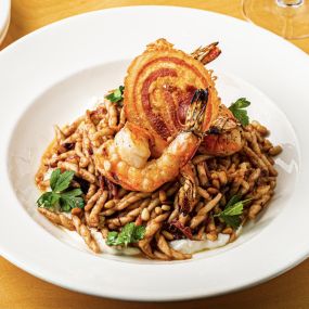 Grilled Shrimp and Trofie Pasta  with Radicchio pesto, pancetta, red wine braised onions, whipped ricotta, toasted pine nuts