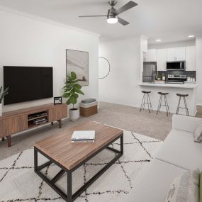 Renovated living and kitchen open-concept space at Camden Addison apartments in Addison, TX