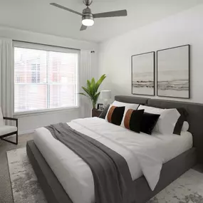 Renovated bedroom with modern ceiling fan and carpet at Camden Addison apartments in Addison, TX