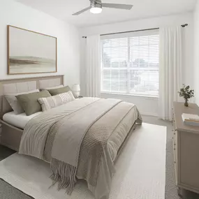 Bedroom with carpet and ceiling fan at Camden Addison apartments in Addison, TX