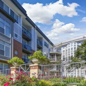 Entrance to outdoor courtyard with seating