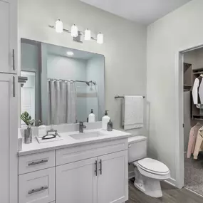 Bathroom with white shaker cabinets and walk in closet