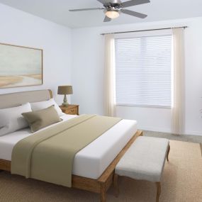 Bedroom with ceiling fan and carpet at Camden Preserve apartments in Tampa, FL