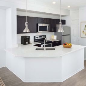 Kitchen with quartz countertop, undermount sink, and stainless steel appliances at Camden Preserve in Tampa, FL