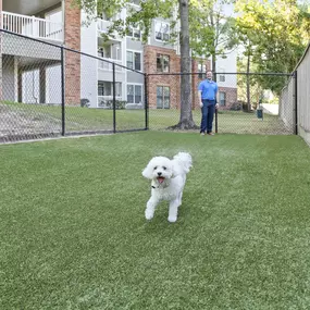 Onsite dog park with seating at Camden Heights Apartments in Houston, TX