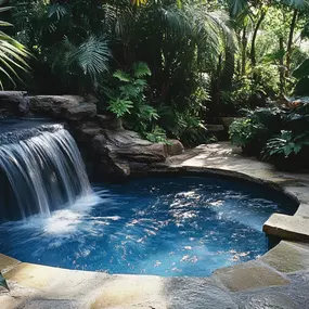 Cocktail pool and waterfall with a tropical landscape