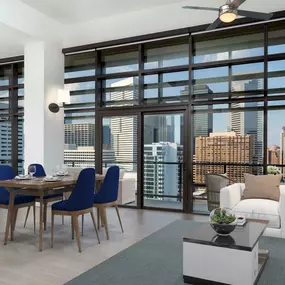 Penthouse with spacious living area and dining room with downtown and toyota center views