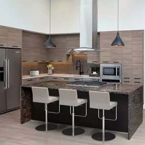 Penthouse kitchen with waterfall quartz countertops gas range and stainless steel appliances