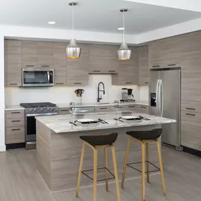 Warm modern finishes kitchen with gas range and goose neck faucet