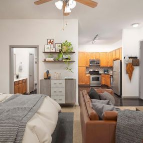 Studio floor plan living kitchen and bedroom