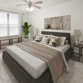 Spacious bedroom with carpet and ceiling fan at Camden Design District apartments in Dallas, TX