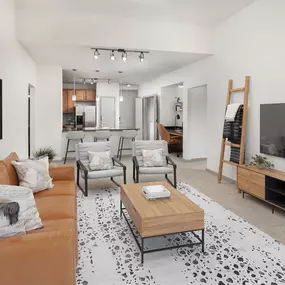 Two-bedroom floor plan living room with high ceilings at Camden Design District apartments in Dallas, TX