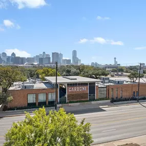 View from Camden Design District toward Downtown Dallas showing the skyline