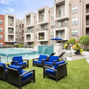 Poolside outdoor courtyard with seating