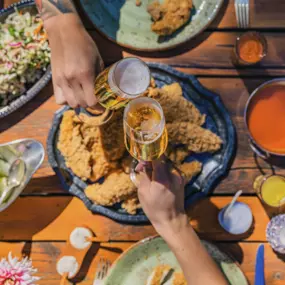 Table of food with champagne