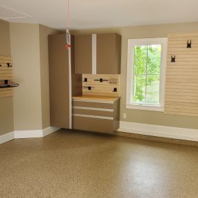 Six Mile: Premier one epoxy flooring, butcher block counter top and cabinets.