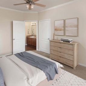 Bedroom with carpet, walk-in closet, ensuite and patio access at Camden Legacy Creek