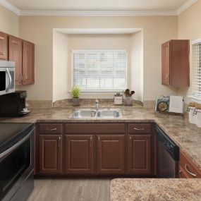 Wraparound kitchen with stainless steel appliances and windows at Camden Legacy Creek apartments in Plano, TX