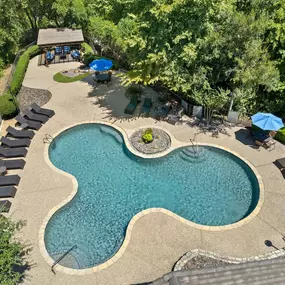 Aerial view of the pool at Camden Legacy Creek apartments in Plano, TX