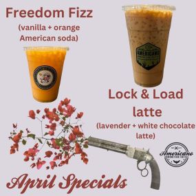 April specials are live ????

Also our new official permanent flavor is lavender!! Thank you for your votes ????????????????

Try our delicious specials out next time you’re in!!

•Freedom Fizz (orange + vanilla American soda)

•Lock & Load Latte (white chocolate + lavender latte)