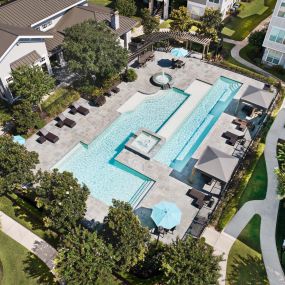 Aerial pool view at Camden Northpointe Apartments in Tomball, TX