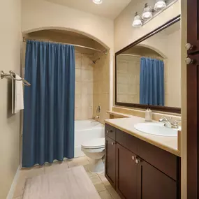 Bathroom with single vanity soaking tub and curved shower rod at Camden Northpointe Apartments in Tomball, TX