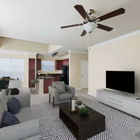 Living room with carpet ceiling fan and open concept floor plan at Camden Northpointe Apartments in Tomball, TX